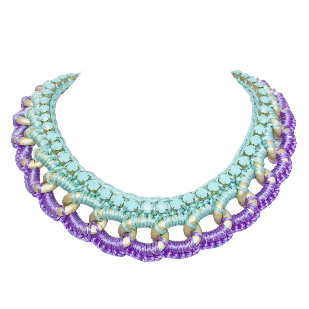 CLIO BIB NECKLACE IN PURPLE AND TURQUOISE SILK THREAD AND OPAQUE TURQUOISE SWAROVSKI CRYSTAL CUP CHAIN DETAIL