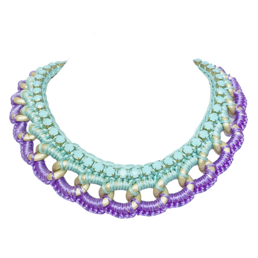 CLIO BIB NECKLACE IN PURPLE AND TURQUOISE SILK THREAD AND OPAQUE TURQUOISE SWAROVSKI CRYSTAL CUP CHAIN DETAIL