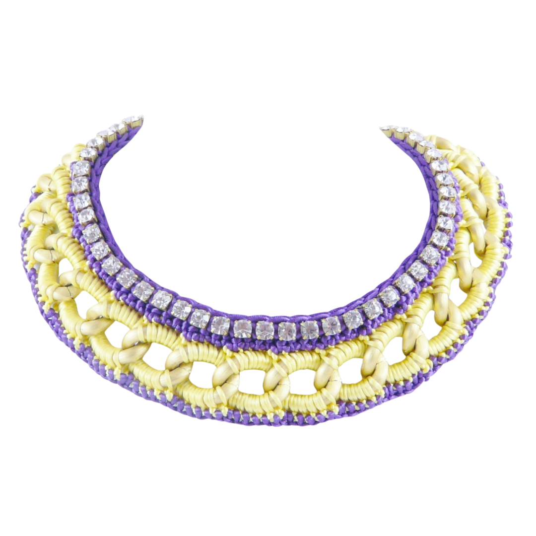 CLIO BIB NECKLACE IN YELLOW AND PURPLE SILK THREAD AND LILAC SWAROVSKI CUP CHAIN DETAIL