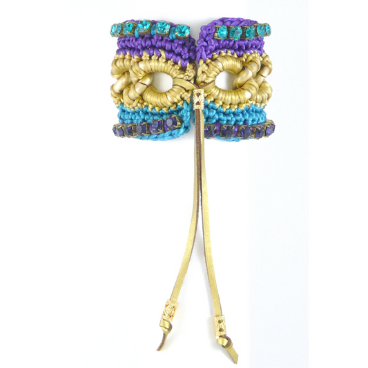 CLIO CUFF BRACELET IN GOLD, TEAL AND PURPLE SILK THREAD AND TEAL AND PURPLE SWAROVSKI CRYSTAL CUP CHAIN DETAIL