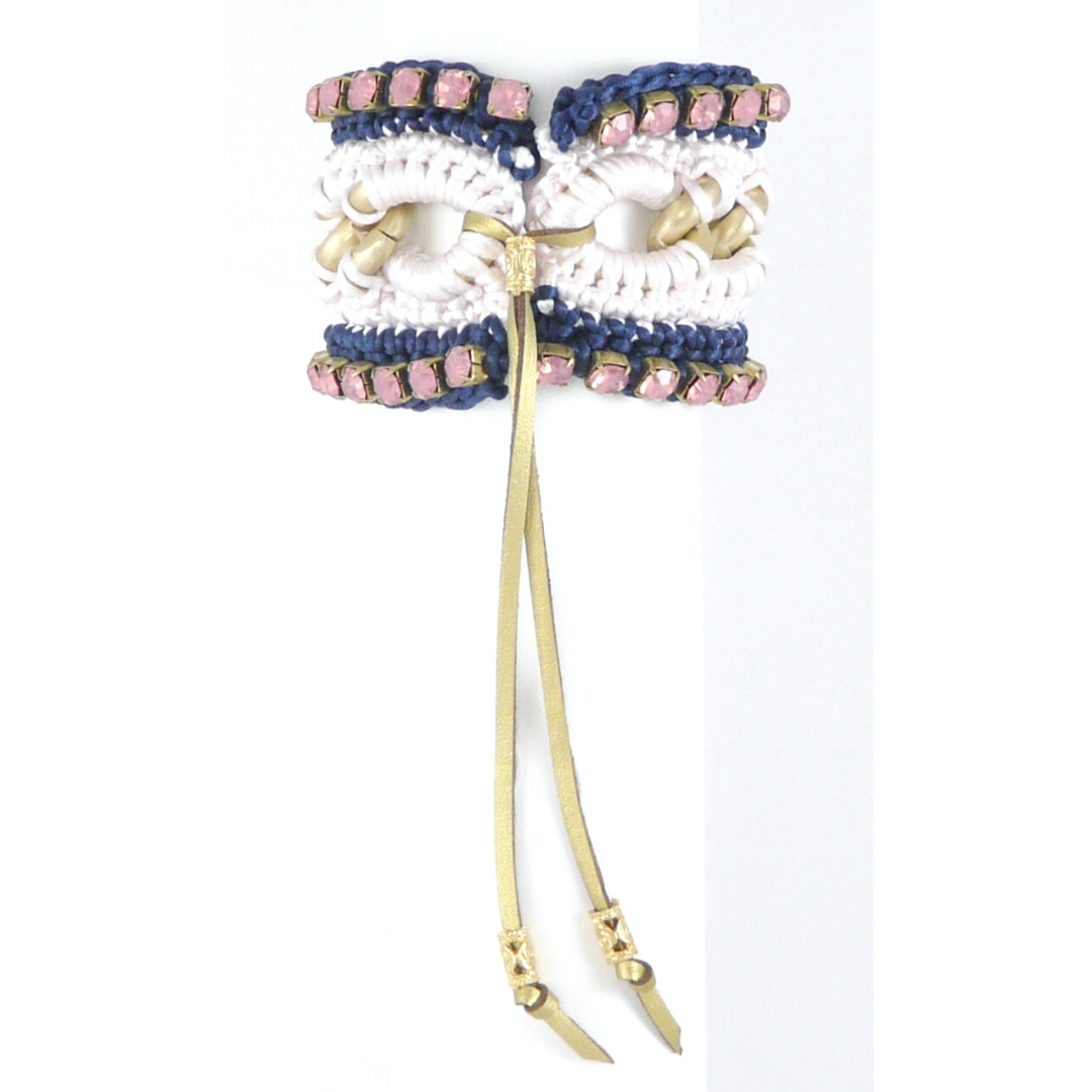 CLIO CUFF BRACELET IN PALE PINK AND NAVY SILK THREAD AND VINTAGE PINK SWAROVSKI CRYSTAL CUP CHAIN DETAIL