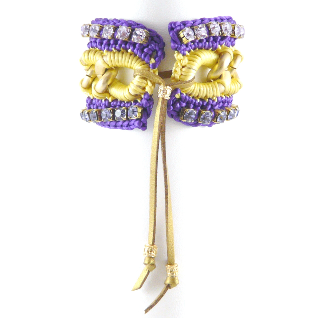 CLIO CUFF BRACELET IN YELLOW AND PURPLE SILK THREAD WITH LILAC SWAROVSKI CRYSTAL CUP CHAIN DETAIL