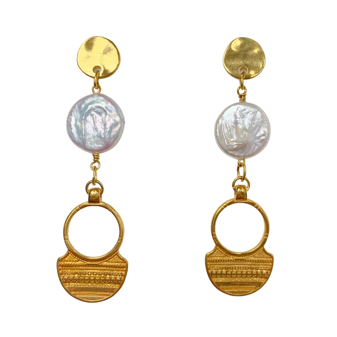 ELENE GOLD AND FRESHWATER COIN PEARL DROP EARRINGS