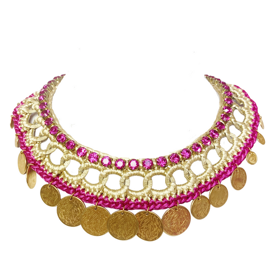 EOS BIB NECKLACE IN BEIGE AND FUCHSIA SILK THREAD WITH FUCHSIA SWAROVSKI CRYSTAL CUP CHAIN DETAIL AND 24K GOLD DISC DROPS
