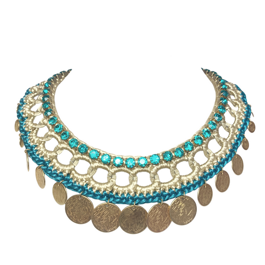 EOS BIB NECKLACE IN BEIGE AND TURQUOISE SILK THREAD AND TURQUOISE SWAROVSKI CRYSTAL CUP CHAIN DETAIL AND 24K GOLD PLATED DISC DROPS