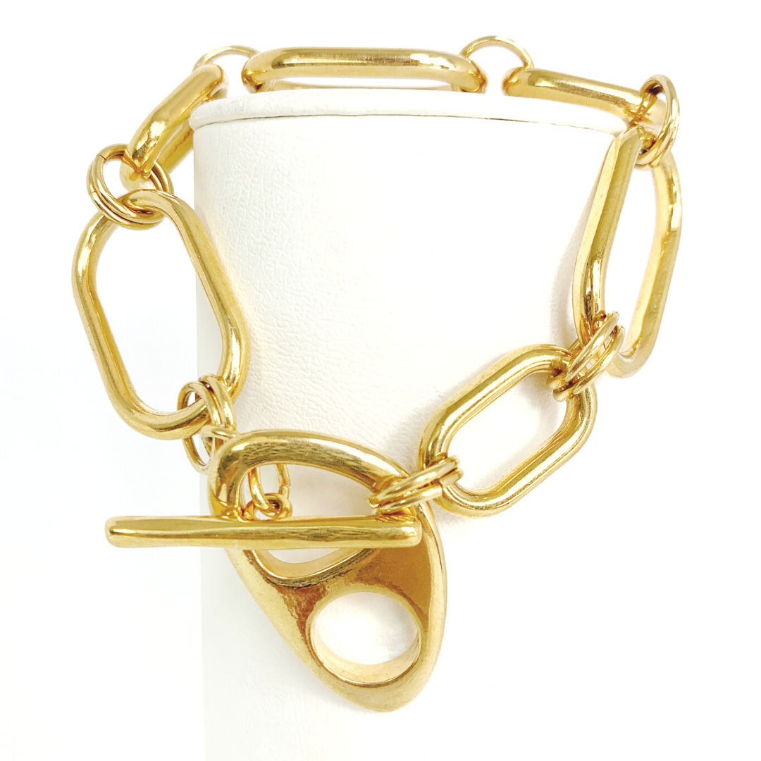 ERATO BRACELET 24K GOLD PLATED HAND CRAFTED LARGE LINK CHAIN BRACELET WITH TOGGLE CLASP CLOSURE