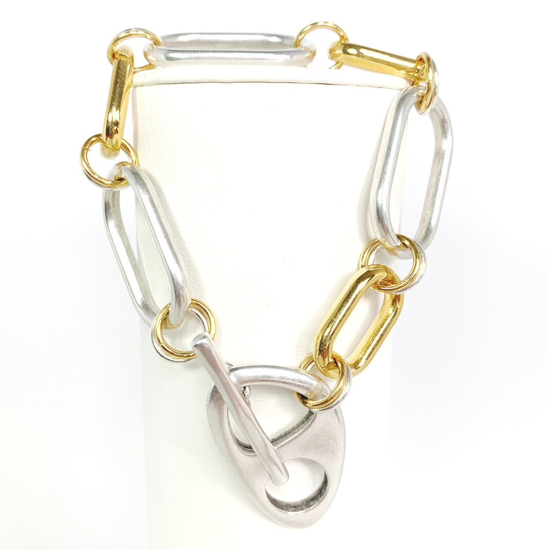 ERATO BRACELET 24K GOLD AND 999 SILVER PLATED HAND CRAFTED LARGE LINK CHAIN BRACELET WITH TOGGLE CLASP CLOSURE