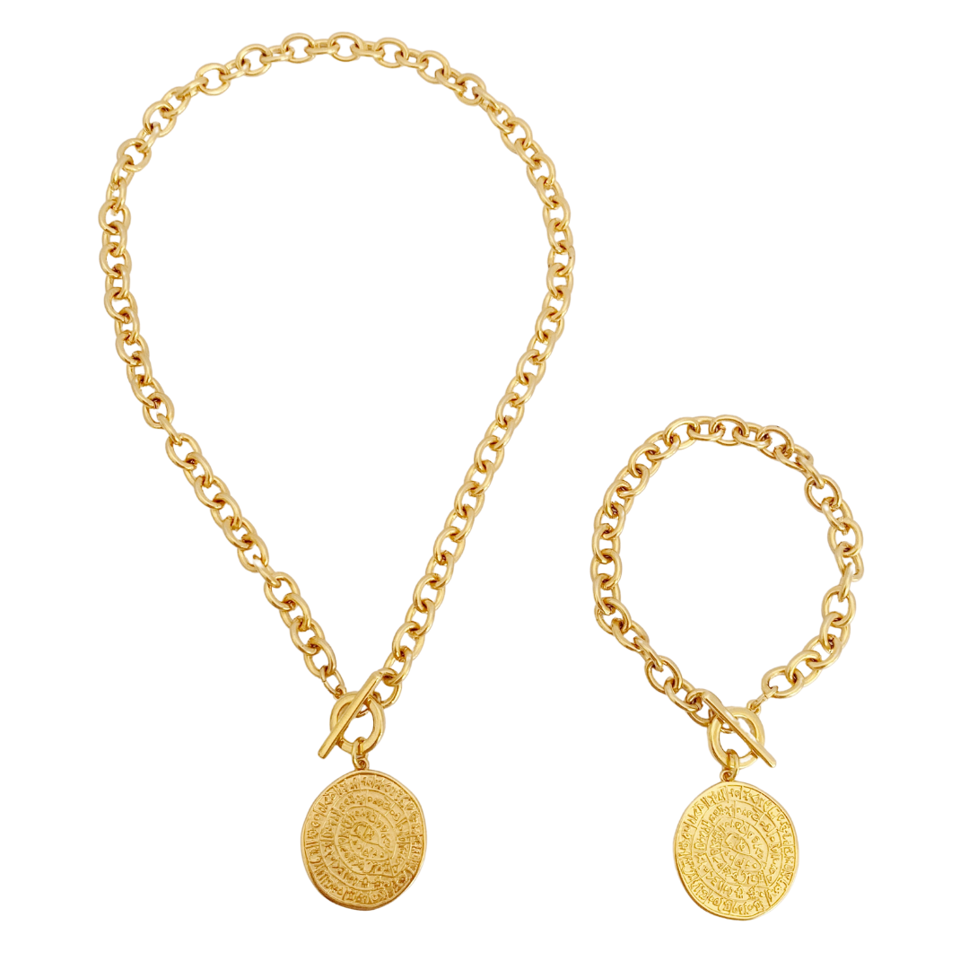ERINNA BRACELET AND NECKLACE IN 24K GOLD PLATED BELCHER CHAIN AND PHAISTOS DISC