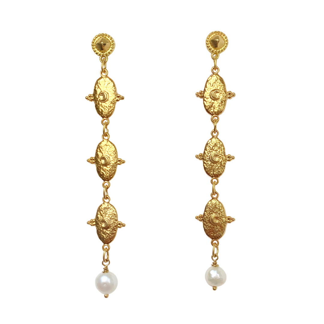 EVANGELIE GOLD BYZANTINE MOTIF DROPS AND FRESHWATER NUGGET PEARLS