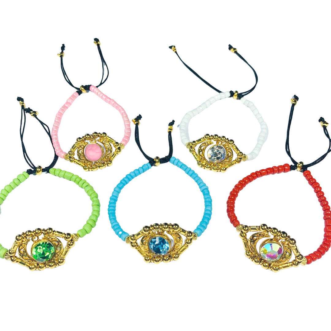 EYE SEE YOU BRACELETS WITH 24K GOLD PLATED BEADS, SWAROVSKI CRYSTAL CENTRE AND MYUKI SEED BEADS