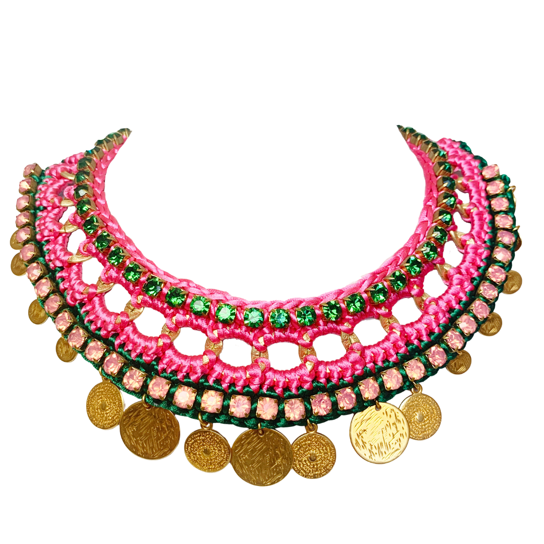GAIA BIB NECKLACE IN FUCHSIA AND EMERALD SILK THREAD AND PINK AND EMERALD SWAROVSKI CRYSTAL CUP CHAIN DETAIL WITH 24K GOLD PLATED DISC DROPS