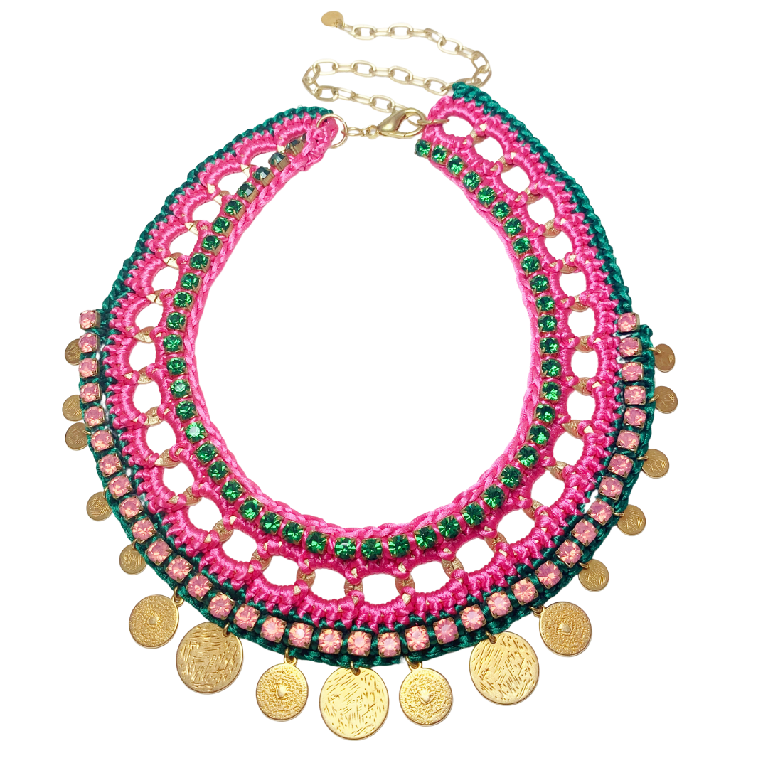 GAIA BIB NECKLACE IN FUCHSIA AND EMERALD SILK THREAD AND PINK AND EMERALD SWAROVSKI CRYSTAL CUP CHAIN DETAIL WITH 24K GOLD PLATED DISC DROPS