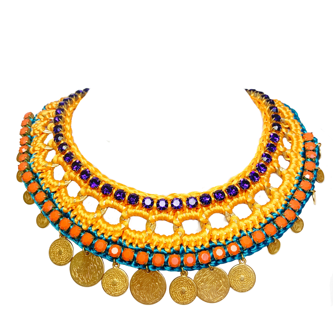 GAIA BIB NECKLACE IN ORANGE AND TURQUOISE SILK THREAD AND PURPLE AND ORANGE OPAQUE SWAROVSKI CRYSTAL CUP CHAIN DETAIL WITH 24K GOLD PLATED DISC DROPS