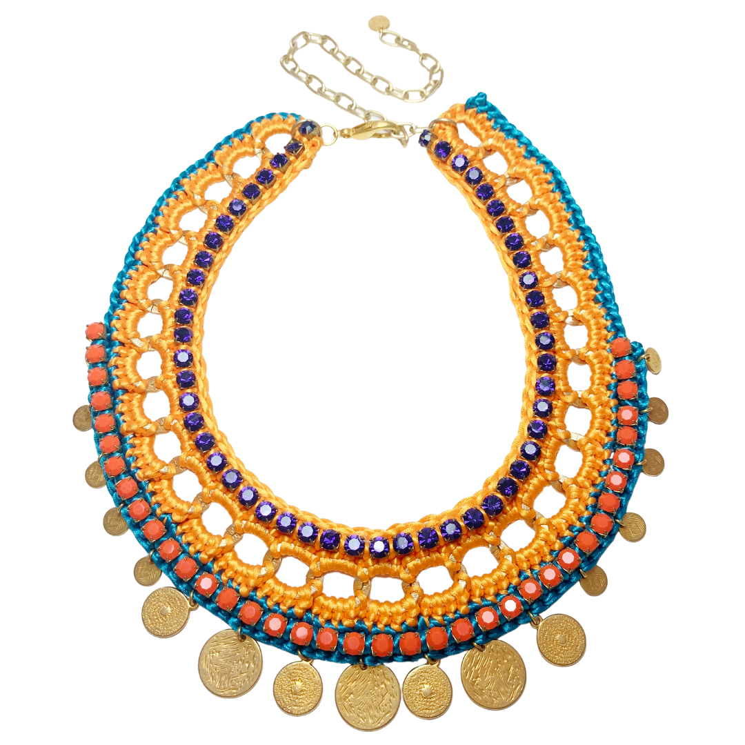 GAIA BIB NECKLACE IN ORANGE AND TURQUOISE SILK THREAD AND PURPLE AND ORANGE OPAQUE SWAROVSKI CRYSTAL CUP CHAIN DETAIL WITH 24K GOLD PLATED DISC DROPS