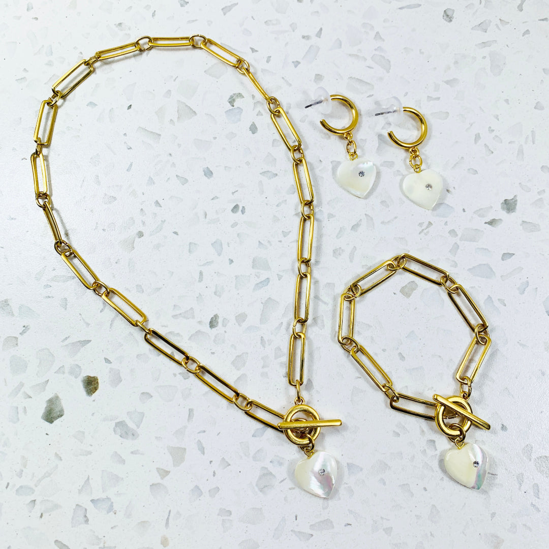 GAIA 24K GOLD PLATED PAPERCLIP CHAIN BRACELET, NECKLACE AND EARRINGS WITH MOTHER OF PEARL HEART PENDANT