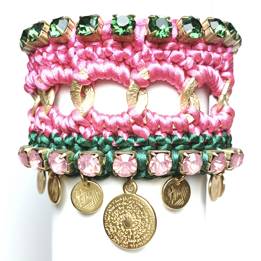 GAIA CUFF BRACELET IN FUCHSIA AND EMERALD SILK THREAD WITH PINK AND EMERALD SWAROVSKI CRYSTAL CUP CHAIN DETAIL AND 24K GOLD PLATED DISC DROPS