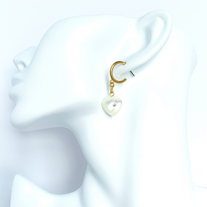 GAIA 24K GOLD PLATED HOOP EARRINGS WITH MOTHER OF PEARL HEARTS