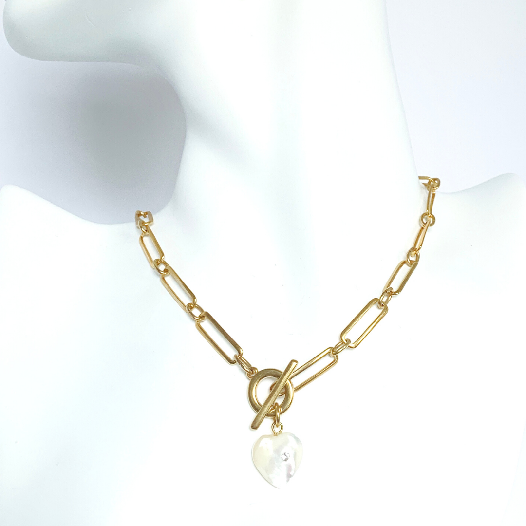 GAIA 24K GOLD PLATED HAND CRAFTED CHAIN NECKLACE WITH MOTHER OF PEARL HEART PENDANT