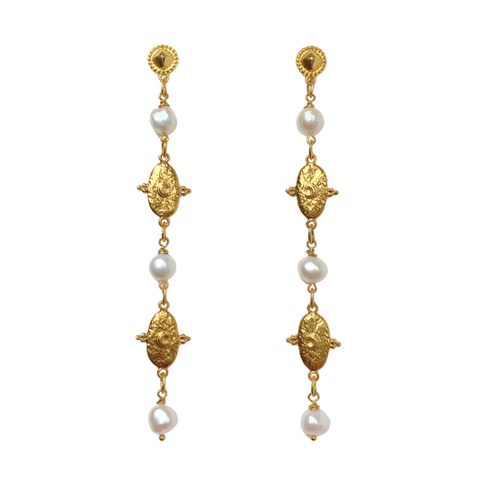 GIOVANNA EARRINGS WITH GOLD BYZANTINE MOTIFS AND FRESHWATER NUGGET PEARLS