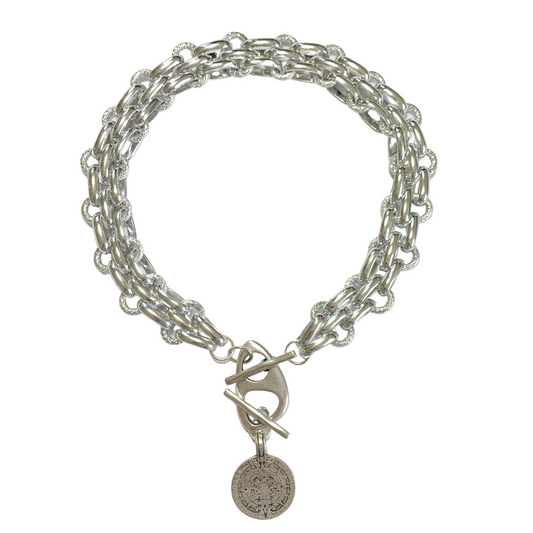 HERA NECKLACE 999 RHODIUM SILVER PLATED CHAIN WITH TOGGLE CLASP CLOSURE AND ROUND MAYAN DISC PENDANT