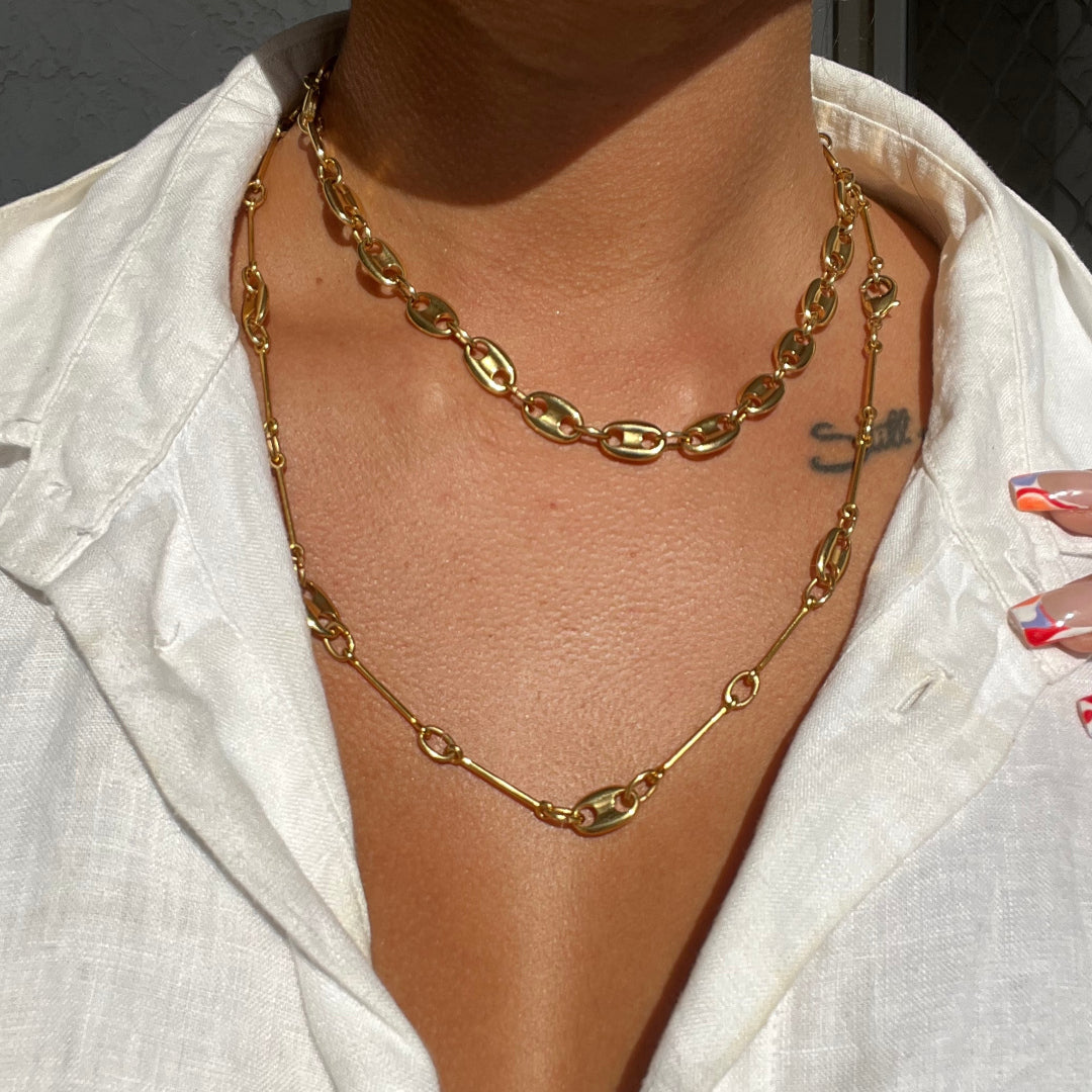HERMERA 24K GOLD PLATED HAND ASSEMBLED LINK AND BAR CHAIN NECKLACE