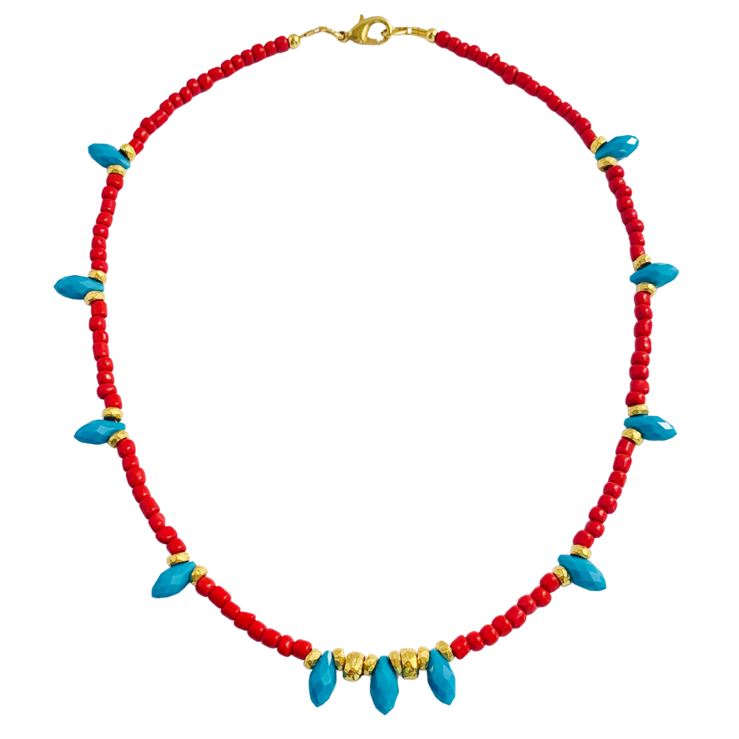 IKARIA NECKLACE IN CORAL SEED BEADS AND TURQUOISE AUSTRIAN CRYSTAL TEAR DROPS