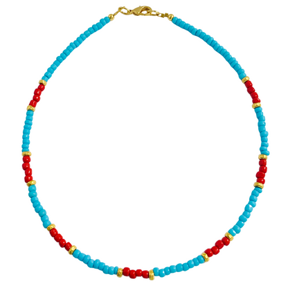 ITHAKI NECKLACE IN TURQUOISE AND CORAL SEED BEADS