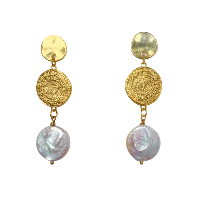 JUSTINA 24K GOLD PLATED GRECIAN DISC AND FRESHWATER COIN PEARL EARRINGS