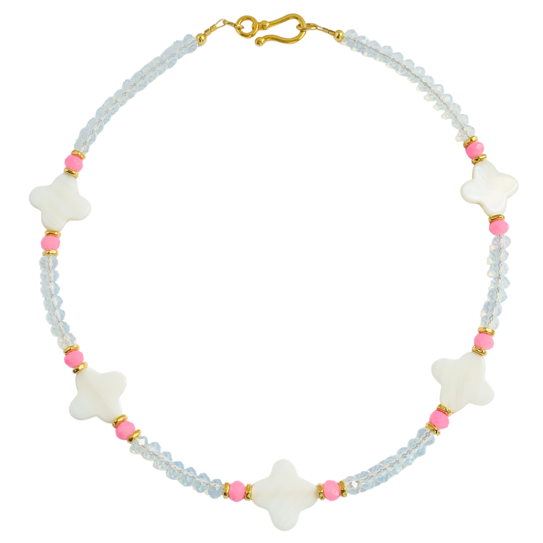 KEROS NECKLACE IN WHITE OPAQUE AND PINK AUSTRIAN CRYSTALS AND MOTHER OF PEARL