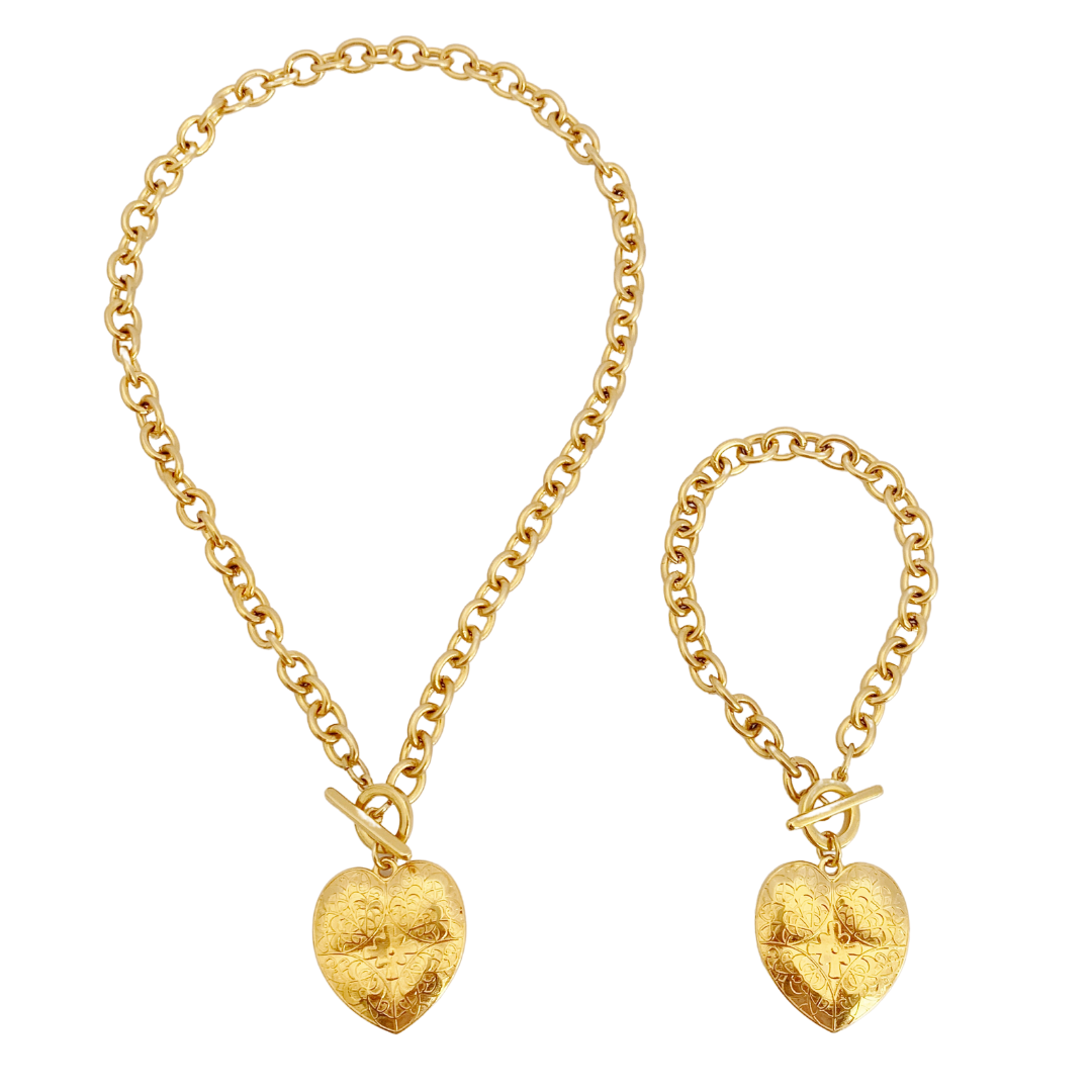 KORINNA NECKLACE AND BRACELET IN 24K GOLD PLATED BELCHER CHAIN AND SOLID FILIGRI HEART PENDANT