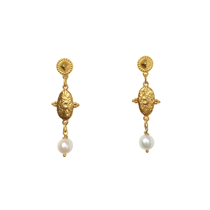 LAETA GOLD OVAL BYZANTINE MOTIF AND FRESHWATER NUGGET PEARLS