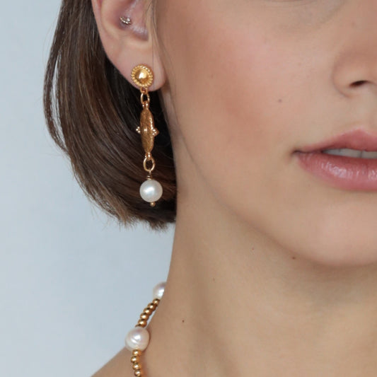 LAETA GOLD OVAL BYZANTINE MOTIF AND FRESHWATER NUGGET PEARLS