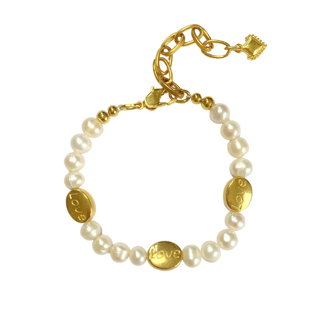 LOVE PILL BRACELET WITH FRESHWATER NUGGET PEARLS AND GOLD PLATED OVAL LOVE BEADS