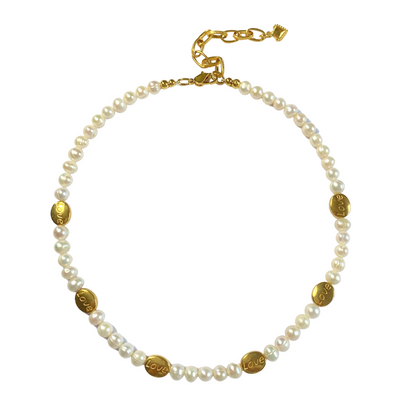 LOVE PILL NECKLACE WITH FRESHWATER NUGGET PEARLS AND OVAL GOLD PLATED LOVE BEADS