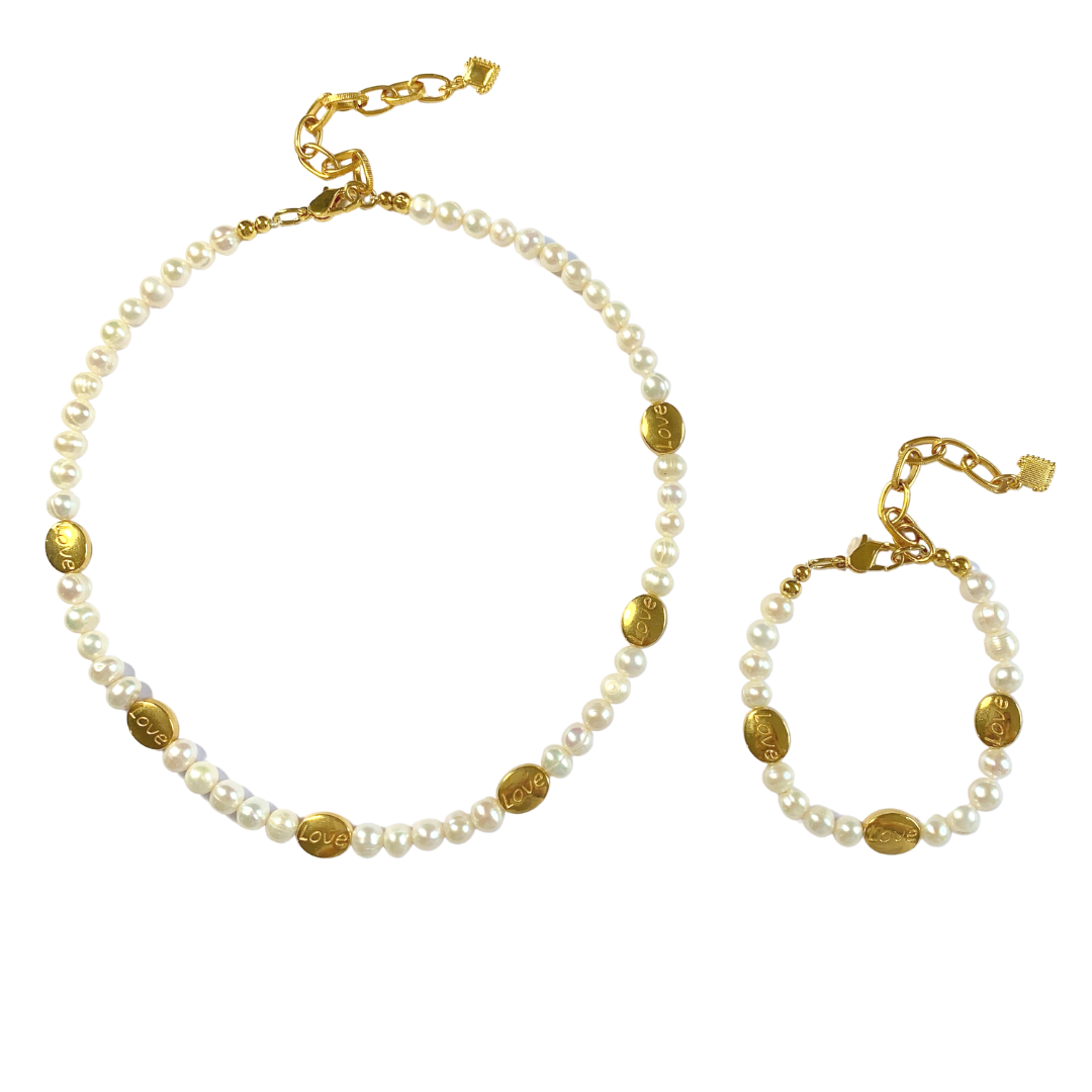 LOVE PILL NECKLACE AND BRACELET WITH FRESHWATER NUGGET PEARLS AND OVAL GOLD PLATED LOVE BEADS