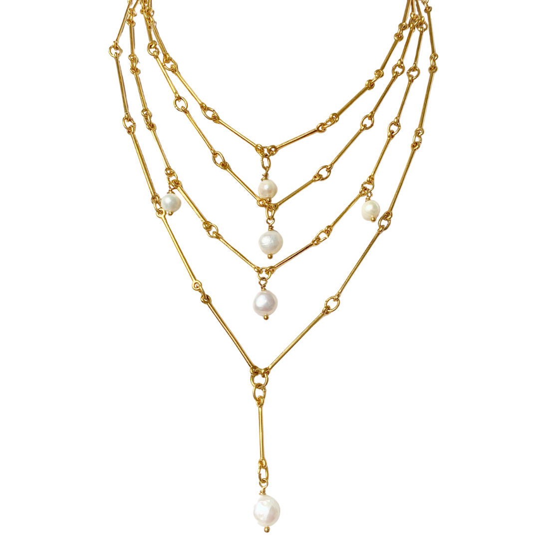 MARINA 24K GOLD PLATED HAND ASSEMBLED BAR CHAIN AND FRESHWATER PEARL DROP
