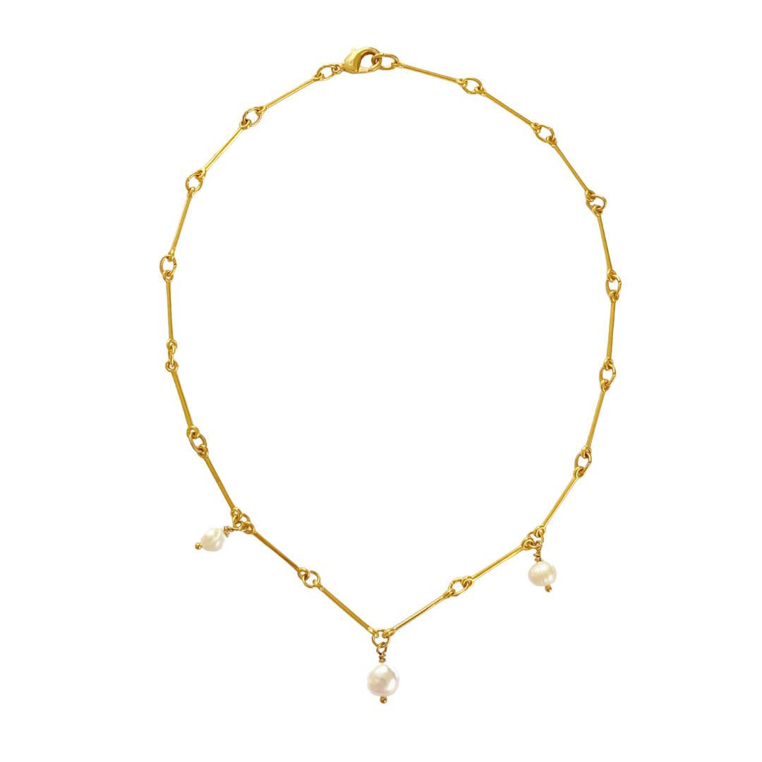 MARIS 24K GOLD PLATED HAND ASSEMBLED BAR CHAIN AND FRESHWATER PEARL DROP