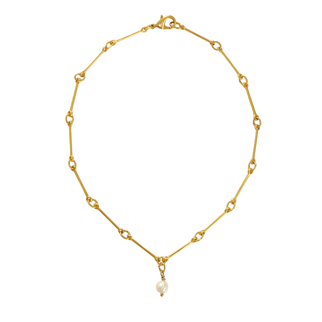 MAYA 24K GOLD PLATED HAND ASSEMBLED BAR CHAIN AND FRESHWATER PEARL DROP