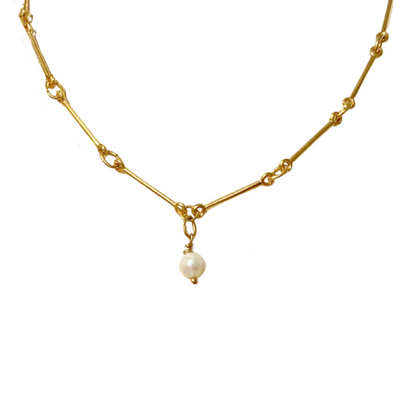 MAYA 24K GOLD PLATED HAND ASSEMBLED BAR CHAIN WITH FRESHWATER PEARL DROP