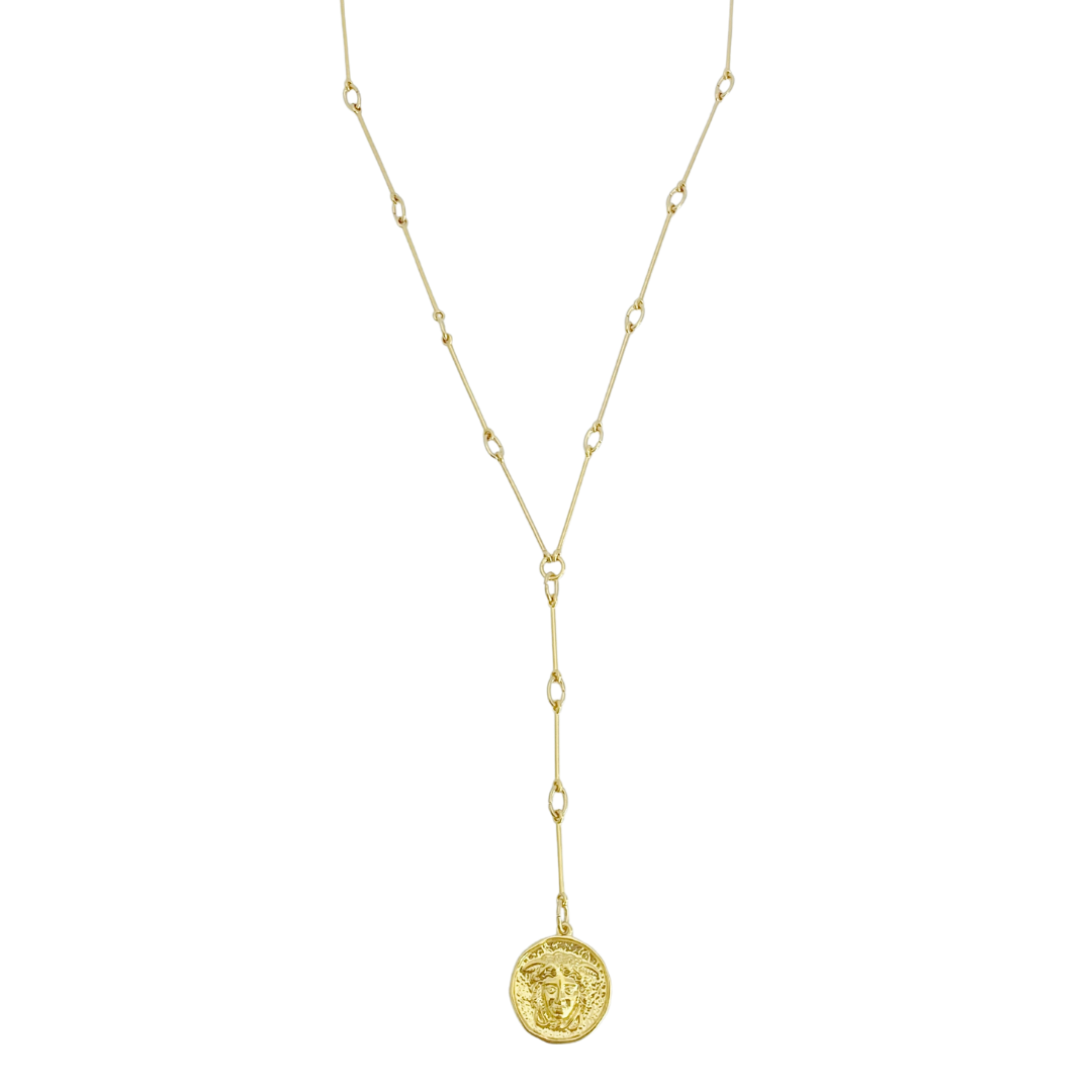 MEDUSA II 24K GOLD PLATED HAND CRAFTED BAR LINK CHAIN LARIAT NECKLACE WITH ROUND MEDUSA PENDANT
