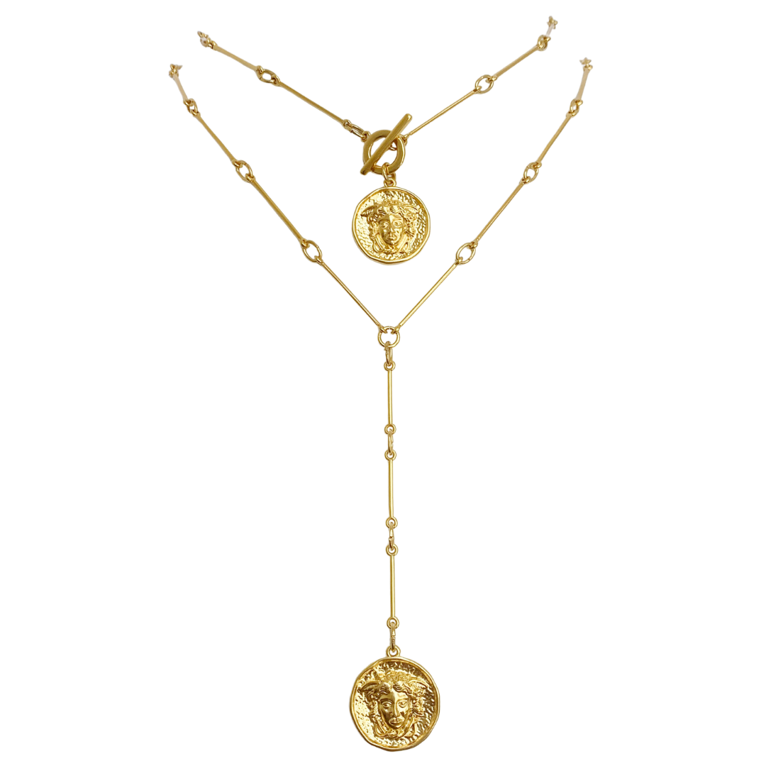 MEDUSA II 24K GOLD PLATED HAND CRAFTED BAR LINK CHAIN LARIAT NECKLACE AND NECKLACE WITH ROUND MEDUSA PENDANT