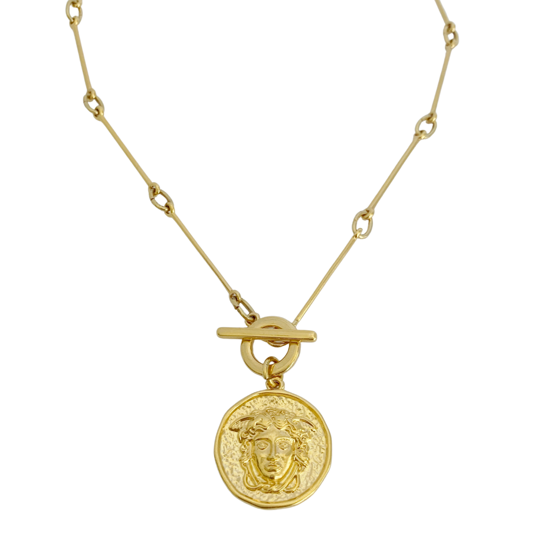MEDUSA II 24K GOLD PLATED HAND CRAFTED BAR LINK CHAIN NECKLACE WITH ROUND MEDUSA DISC PENDANT