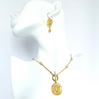 MEDUSA II 24K GOLD PLATED HAND CRAFTED BAR LINK CHAIN NECKLACE AND FINE HOOP EARRINGS WITH ROUND MEDUSA DISC PENDANT