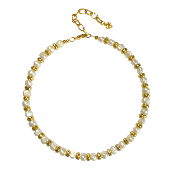 MESSALINA NECKLACE WITH FRESHWATER NUGGET PEARLS AND 24K GOLD PLATED RONDELLE METAL BEADS