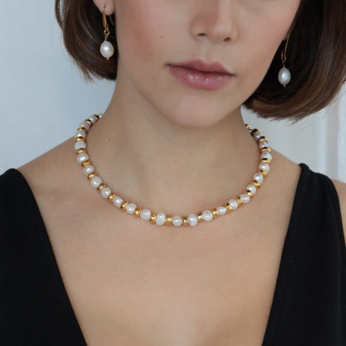 MESSALINA NECKLACE WITH FRESHWATER NUGGET PEARLS AND 24K GOLD PLATED RONDELLE METAL BEADS