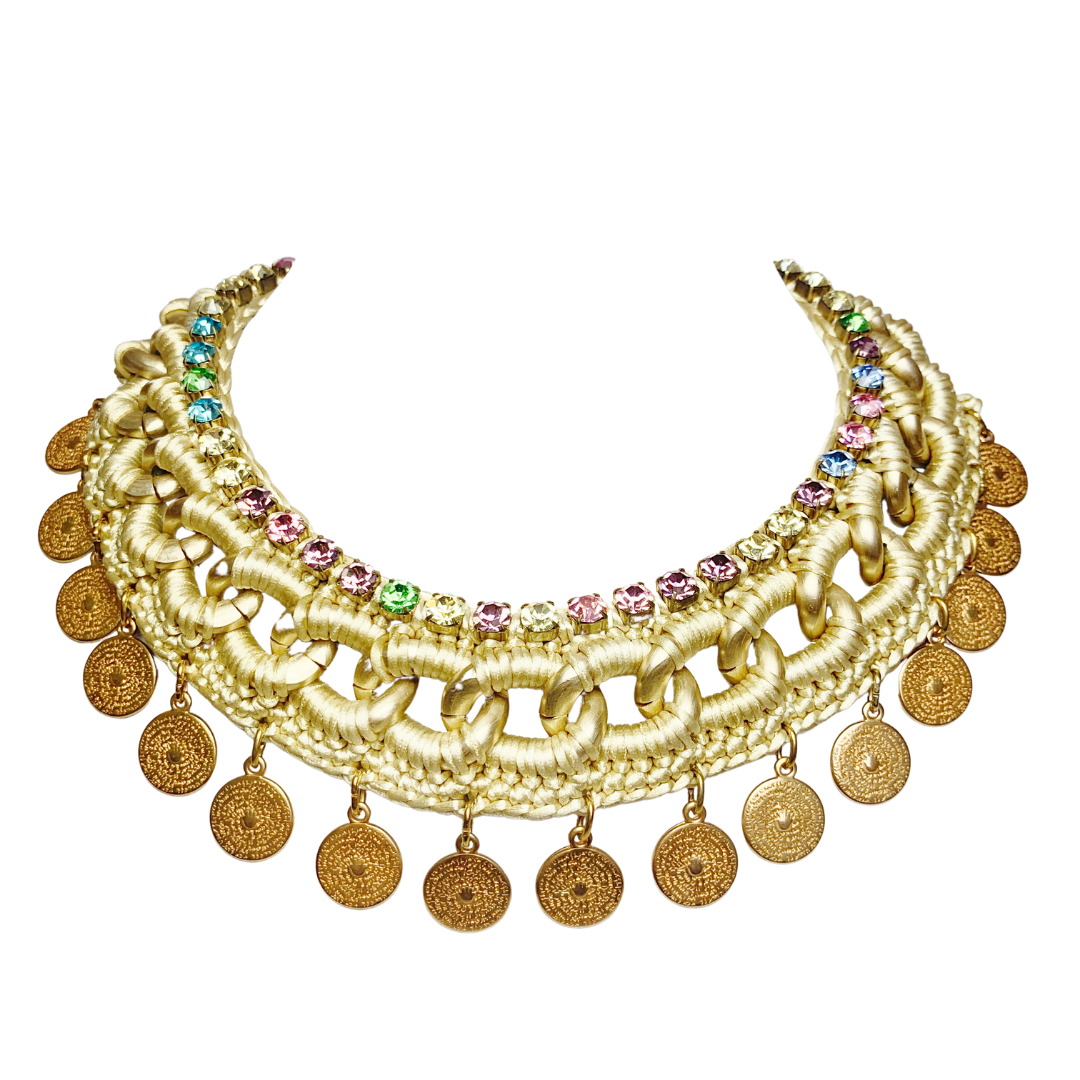 METIS BIB NECKLACE IN GOLDEN BEIGE SILK THREAD AND MULTI COLOURED SWAROVSKI CRYSTAL CUP CHAIN AND 24K GOLD PLATED DISC DROPS