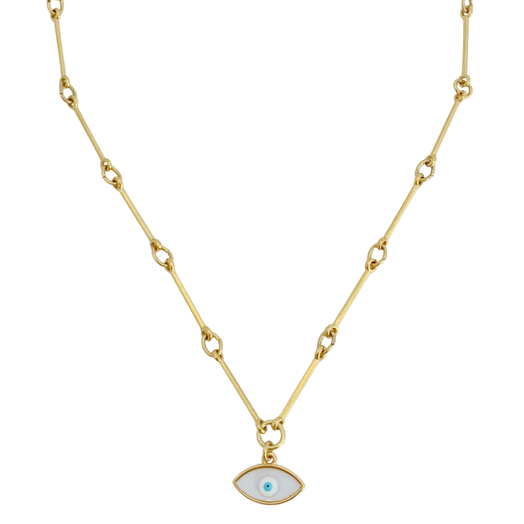 METIS EYE NECKLACE 24K GOLD PLATED HAND CRAFTED BAR LINK CHAIN WITH VITRAUX EYE PENDANT