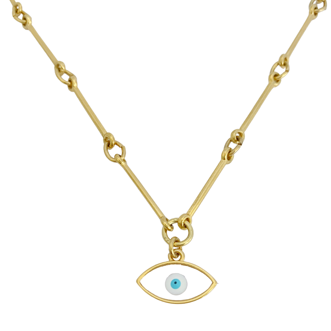 METIS EYE NECKLACE 24K GOLD PLATED HAND CRAFTED BAR LINK CHAIN WITH VITRAUX EYE PENDANT