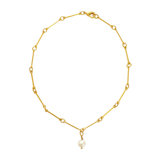 MIRA 24K GOLD PLATED HAND ASSEMBLED BAR CHAIN AND FRESHWATER PEARL DROP