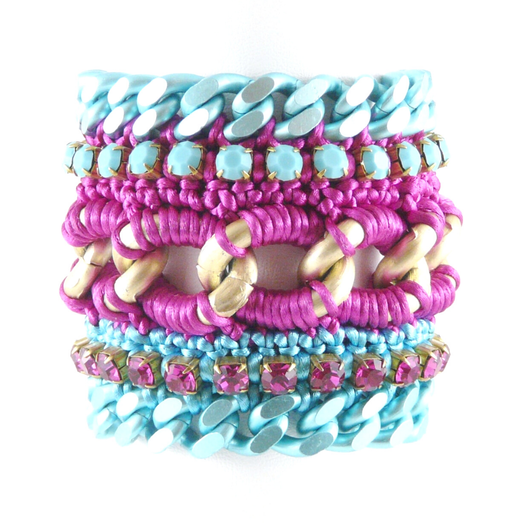 MUSES CUFF BRACELET IN FUCHSIA AND TURQUOISE SILK THREAD AND FUCHSIA AND OPAQUE TURQUOISE SWAROVSKI CRYSTAL CUP CHAIN AND TURQUOISE CHAIN DETAIL